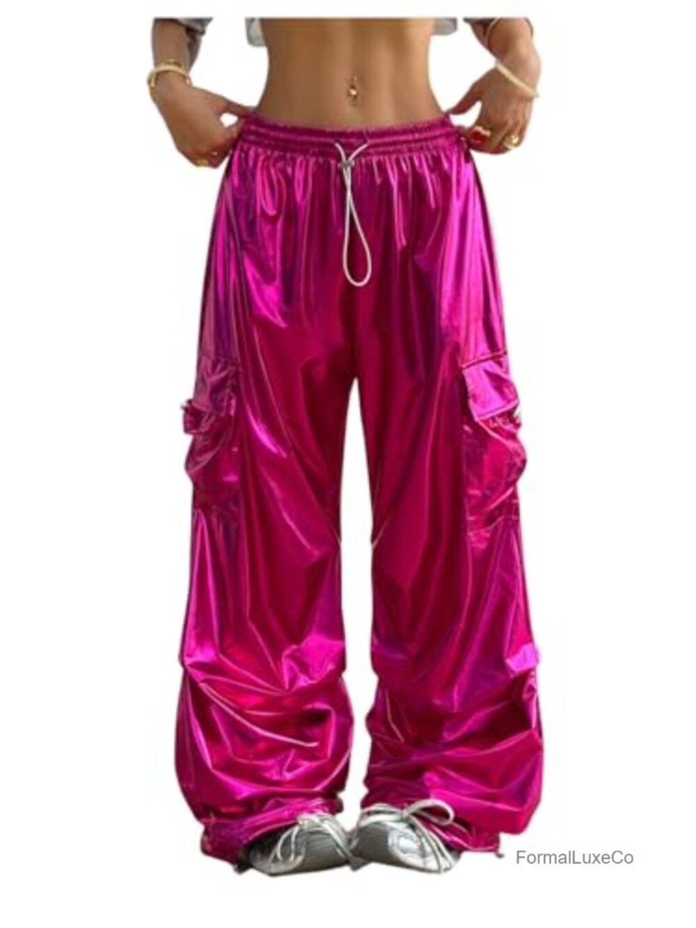 Metallic Cargo Pants High Waisted Y2K Streetwear Wide Leg Joggers for Women